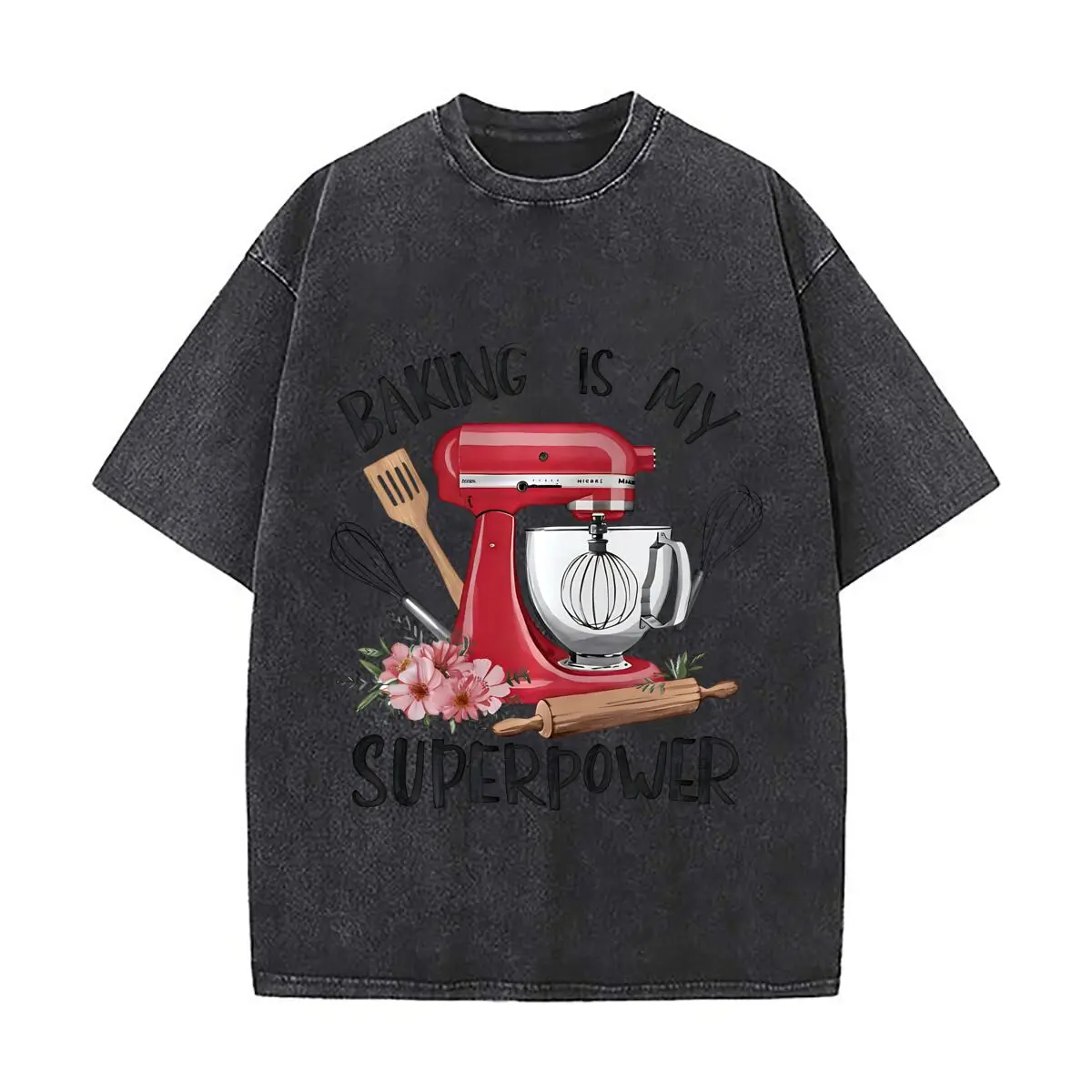 Baking Superpower Graphic Washed Distressed Loose Streetwear Tops for City Walks