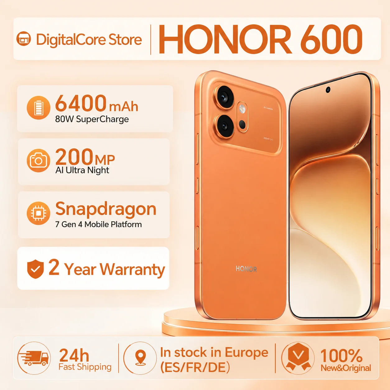 Smartphone HONOR 600 5G Version UE Snapdragon 7 Gen4 Écran AMOLED 6,57 pouces 6400 mAh 80W SuperCharge 8 Go+256 Go/512 Go Caméra ultra-nuit IA 200 MP OIS Design unibody en métal NFC IP68