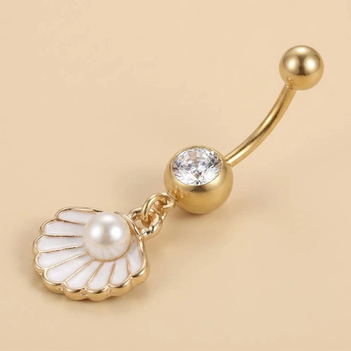 1 Stück Edelstahl Bauchnabelpiercing mit simulierter Perlenmuschel für Damen und Herren, Bohemian Sommer Muschel Bauchnabelpiercing Körperschmuck – Detail 18