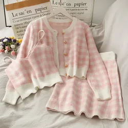 Sweet Plaid Three-Piece Women's New O Neck Single-Breasted Long-Sleeved Loose Sweater with Short Strap two piece set skirt