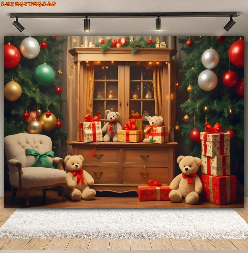 ของเล่นหมีคริสต์มาสการถ่ายภาพฉากหลังต้นคริสต์มาสหน้าต่างของขวัญหมีบอลลูนเด็กภาพครอบครัว Xmas ภาพพื้นหลังตกแต่ง
