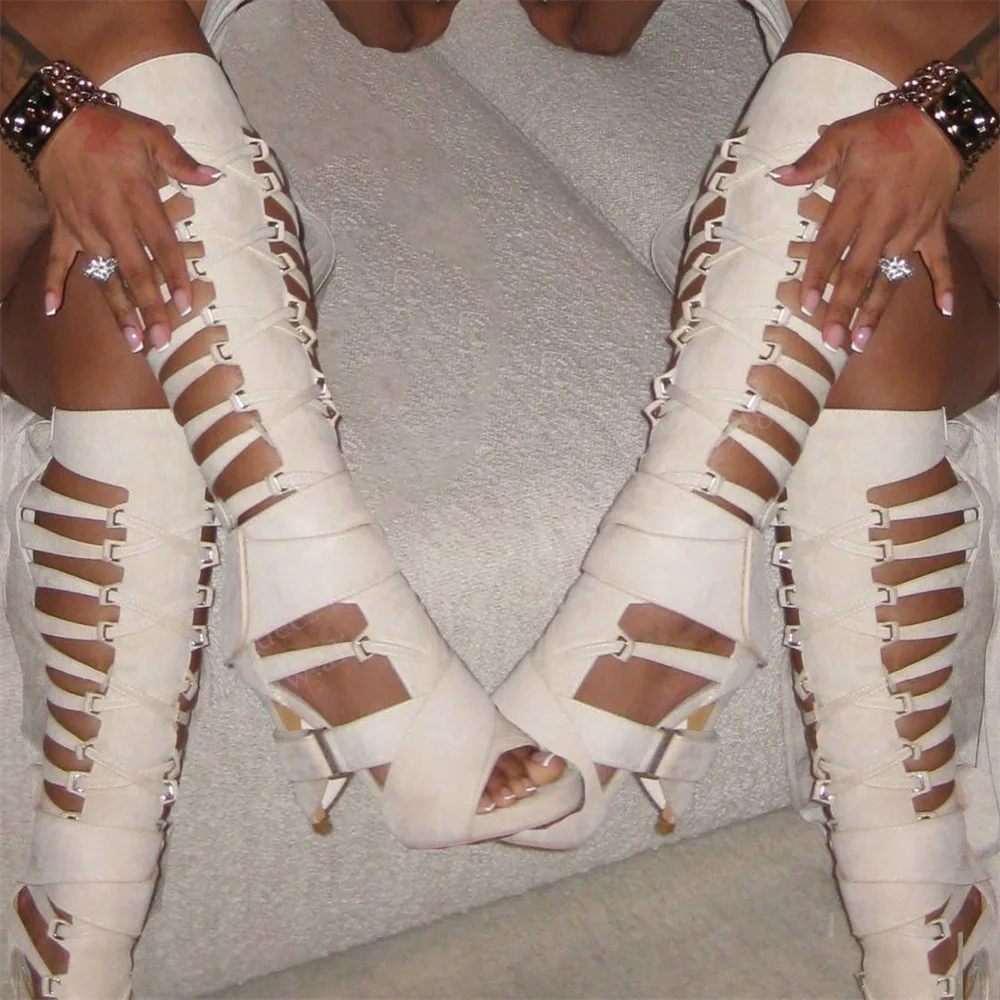 Gladiator Hollow Belt Buckle Knee High Boot 2026 Summer New Open Toe Stiletto Heel Solid Color Back Zipper Trendy Long Sandals