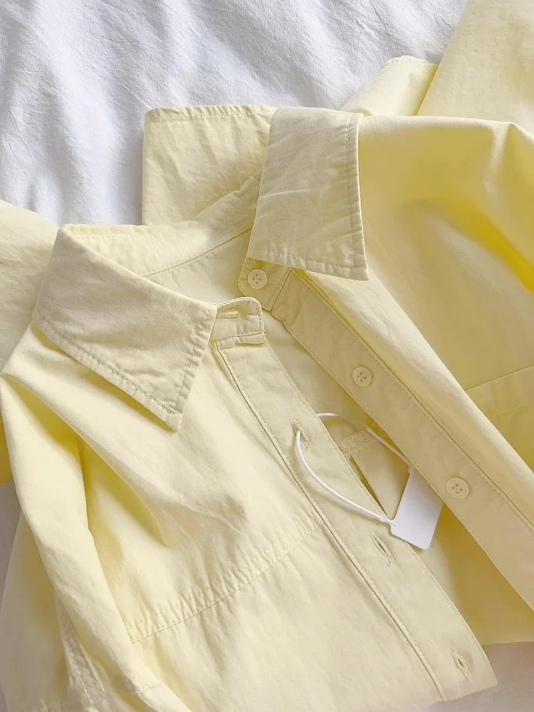 

Yellow Loose Long Sve irt Women's Spring Faion Comfortable Lazy Sle Top Korean Version Button Design Pure Color