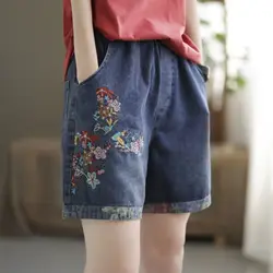 女性のレトロなデニムショートパンツ,夏服,ハーレムショーツ,花柄の刺shorts,ルーズフィット,カジュアル,新品