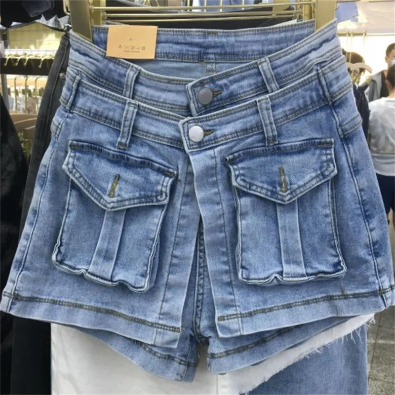 

Black denim shorts women summer new design fake two-piece high waist loose shorts skirt