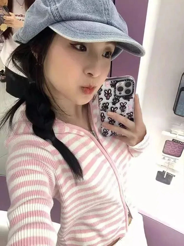 

Новые универсальные толстовки с капюшоном в розовую полоску, Mujer 2024, нижнее пальто-кардиган, женские толстовки на молнии с длинными рукавами для девочек Y2k