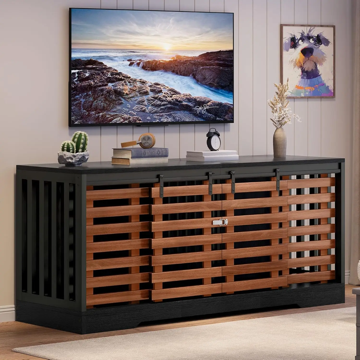 

71-Inch Double Dog Crate TV Stand with Sliding Door, Heavy-Duty Chew-Resistant Furniture for Medium Large Dogs, Black Walnut