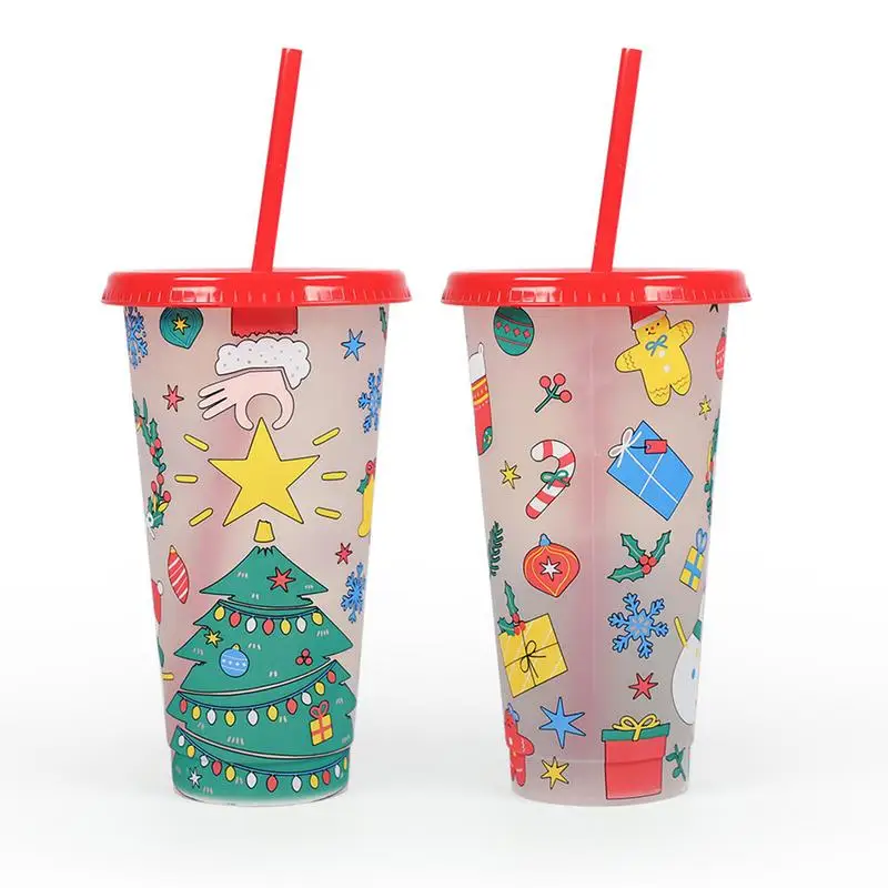 24oz New Single-layer Plastic Color Changing Christmas Cup Straw Cup Cold Tumbler With Lids Party Drinks Coffee Mugs