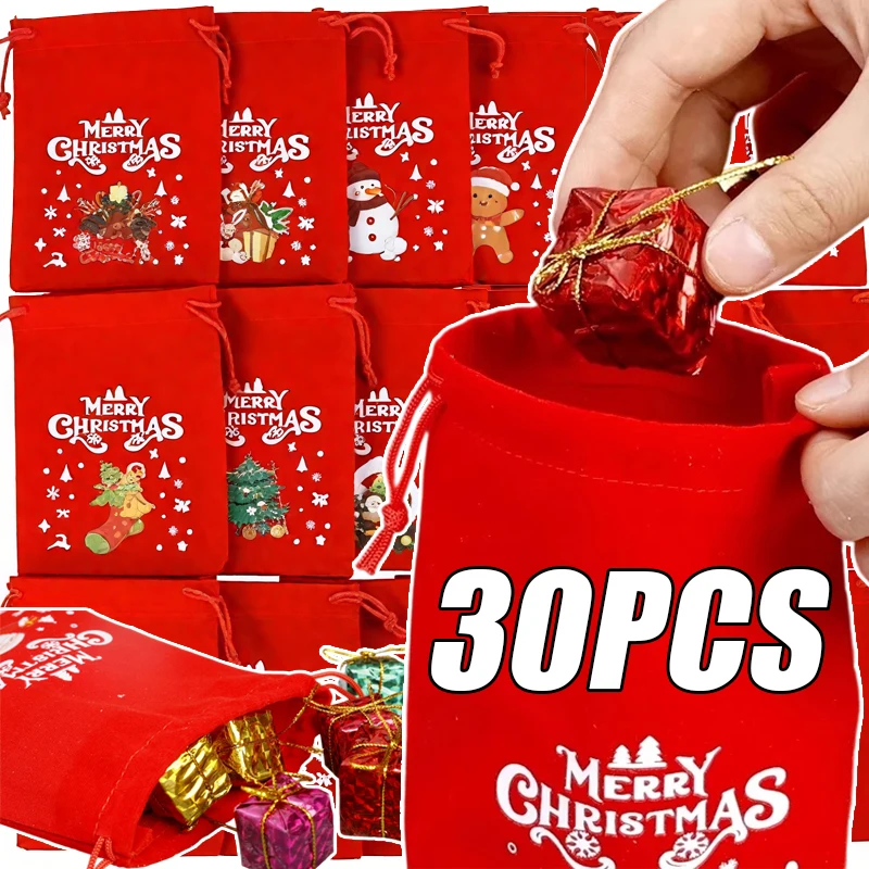 Bolsas con cordón de terciopelo rojo, bolsa para regalos de Feliz Navidad, bolsa para embalaje de galletas y dulces, bolsa para almacenamiento de joyas, decoración para fiesta de Navidad