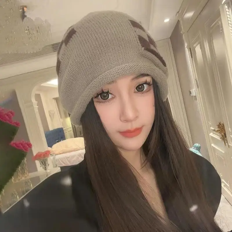 Knitted Drawstring Stacking Hat New Warm Wool Hat Ear Protector Big Head Circumference Showing Face Small Confinement Cold Hat
