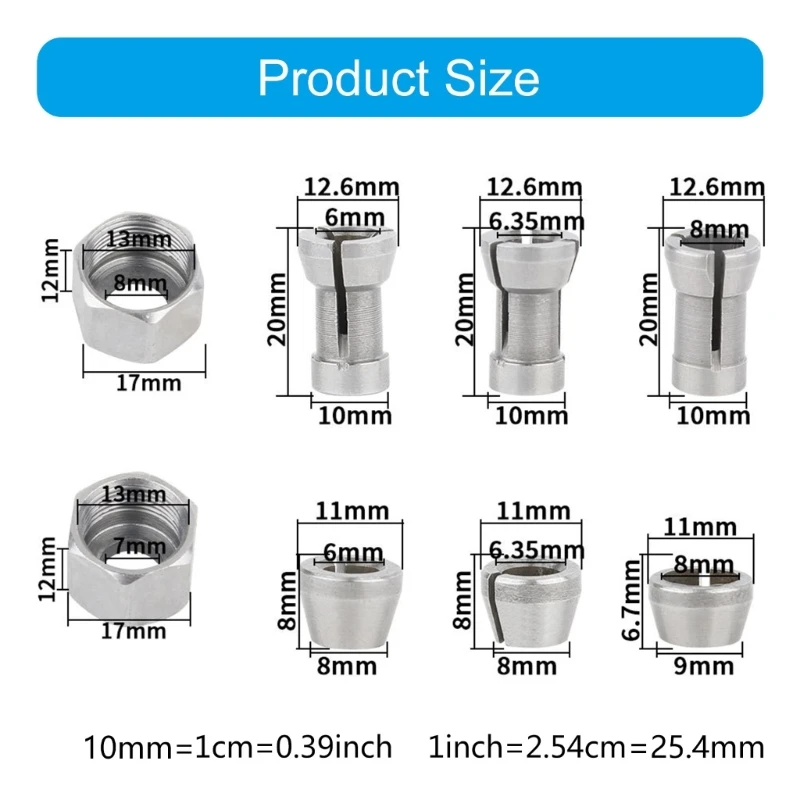 Lightweight 44g Trim Router Collet Adapter Conversion 8PCS Set 6mm 6.35mm 8mm Chuck Conversion Fit for Wood Carving Tool A2BB