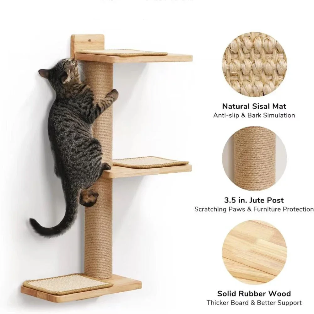 Wooden cat 3-layer climbing frame rotatable, wall-mounted cat scratching board, wooden pet ladder cat pet jumping platform