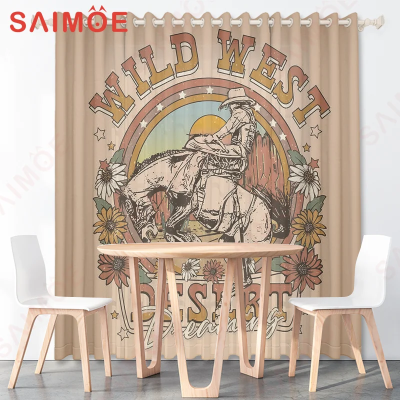 European American Retro Movie music Guitar Curtains Oil Lamp Cowboy Hat Skull Thin Polyester Fabric Office Decoration with Hooks