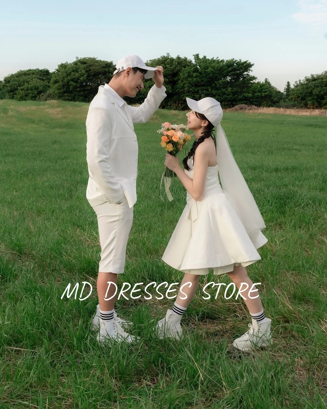 Md 2025 simlpe a linha branco vestidos de festa de casamento querida colarinho acima do joelho plissado coreia sessão de fotos vestidos de noiva personalizados