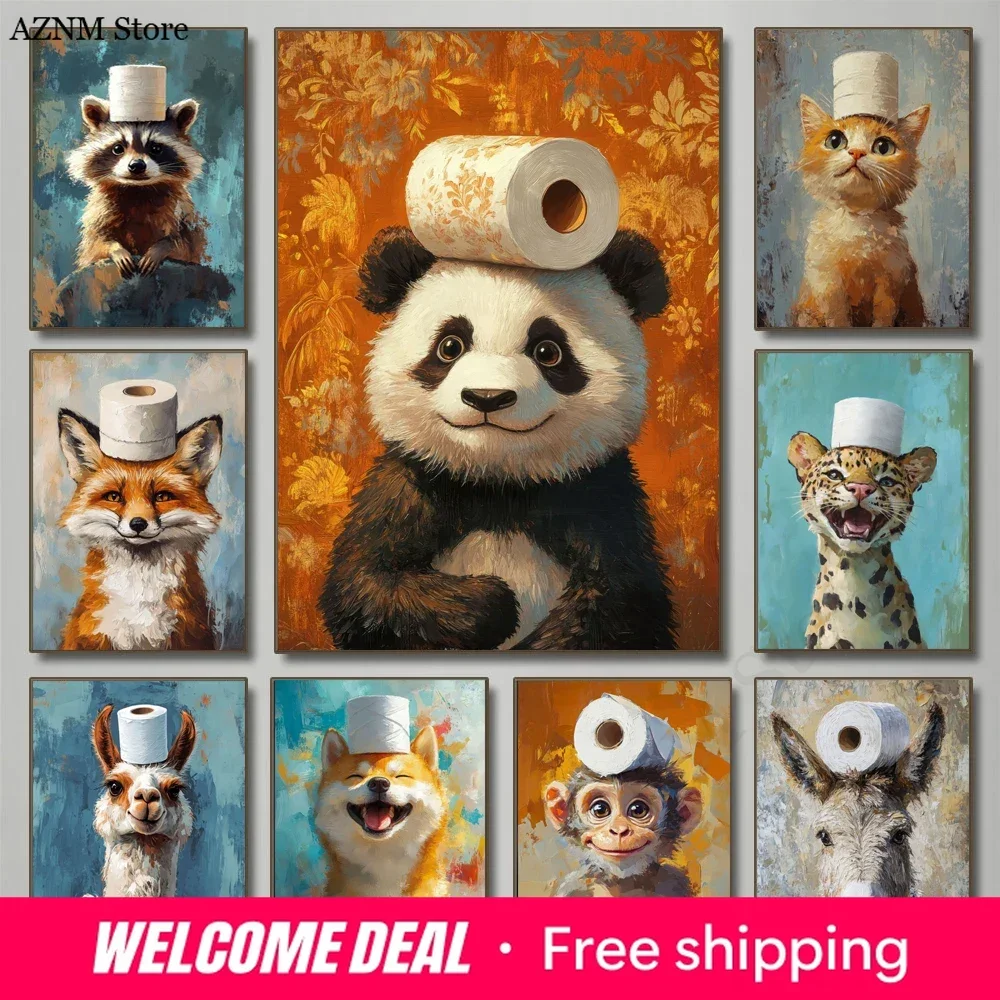 Cartoon Cute Funny Animals with Toilet Paper on Their Heads Poster Canvas Painting Prints Home Room Bathroom Art Decoration