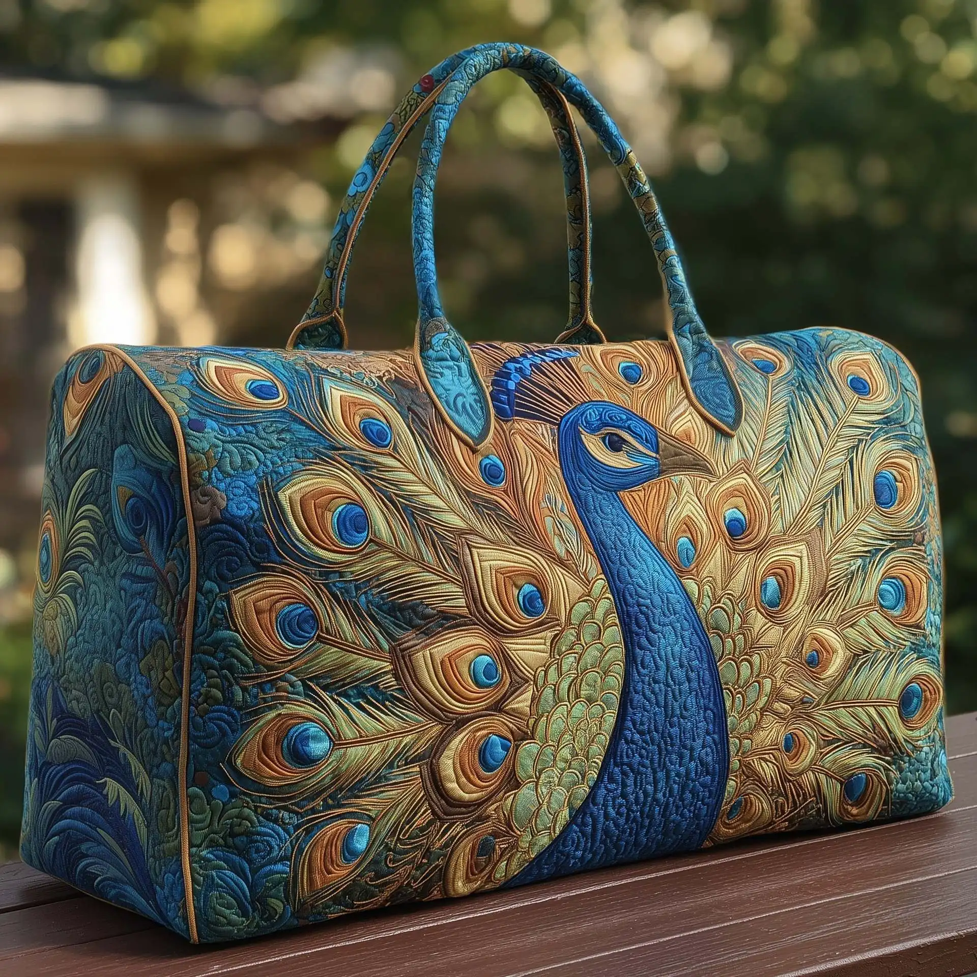 

New Quilted Cotton Quilted Travel Bag 3D Design Boho Style Printed Yoga Bag Peacock Pattern Weekender Bag Yoga Practice