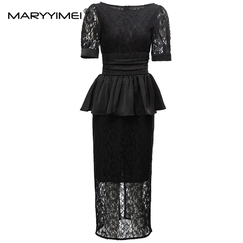 

MARYYIMEI Fashion Designer Summer Women's dress Short sleeved Lace Patchwork Ruffles Slim Package hip Black Dresses