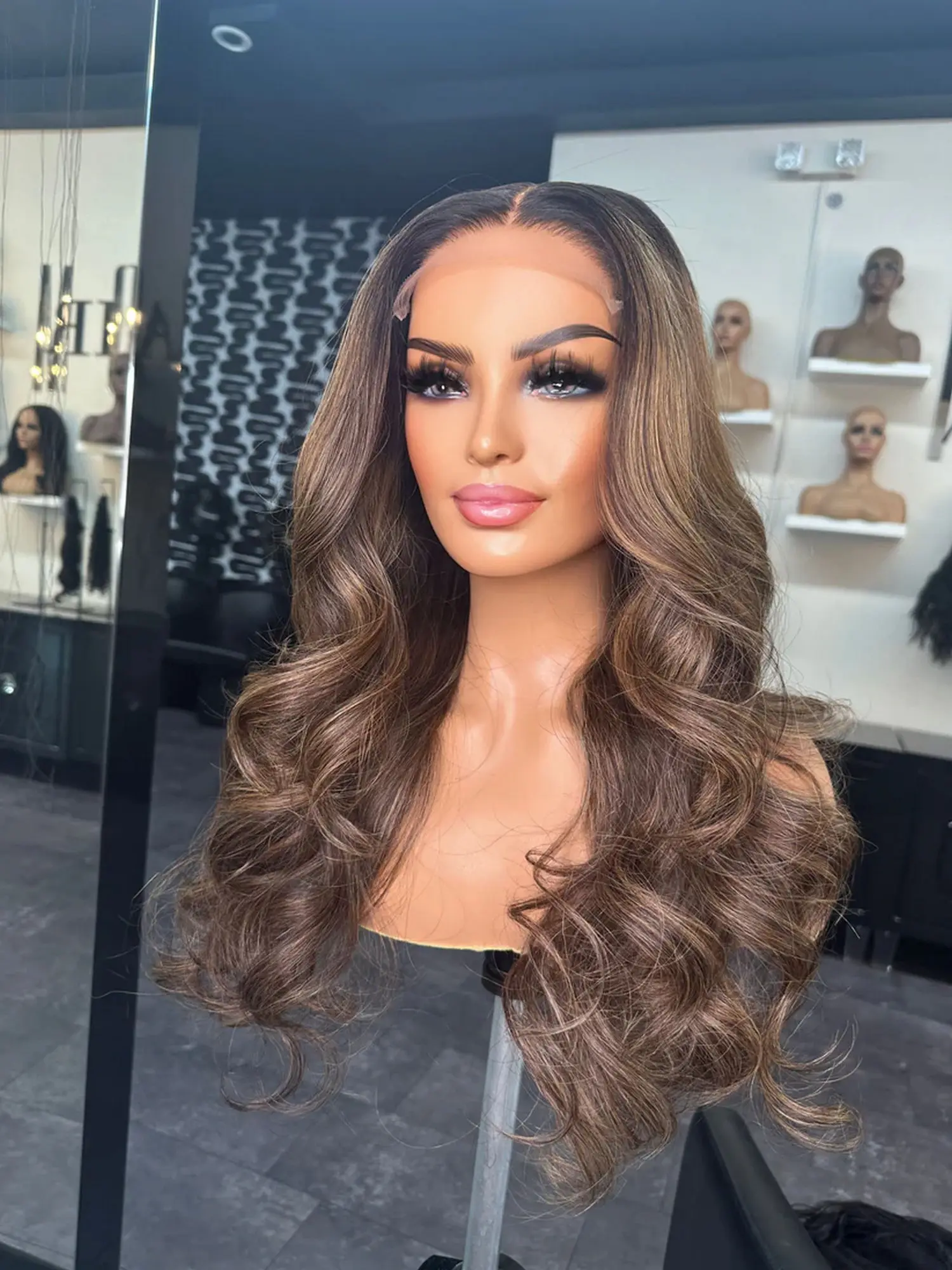 13x4 Middle Part Ombre Brown Highlights Human Hair Blend Synthetic Fiber HD Invisible Lace Long Body Wave Glueless Party Wigs