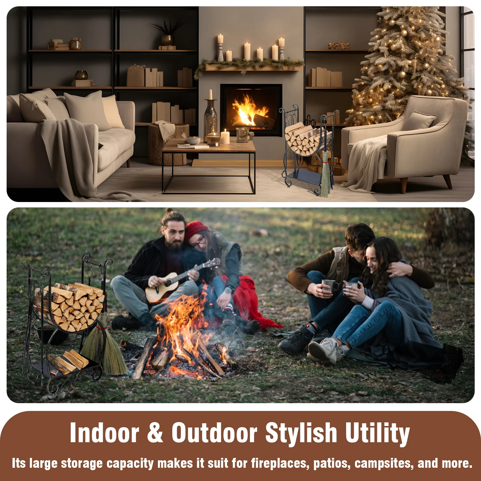 Metal Firewood Rack Set with 4 Fireplace Tools Fireside Wood Storage Organizer No Need To Install Firewood Rack for Fireplaces