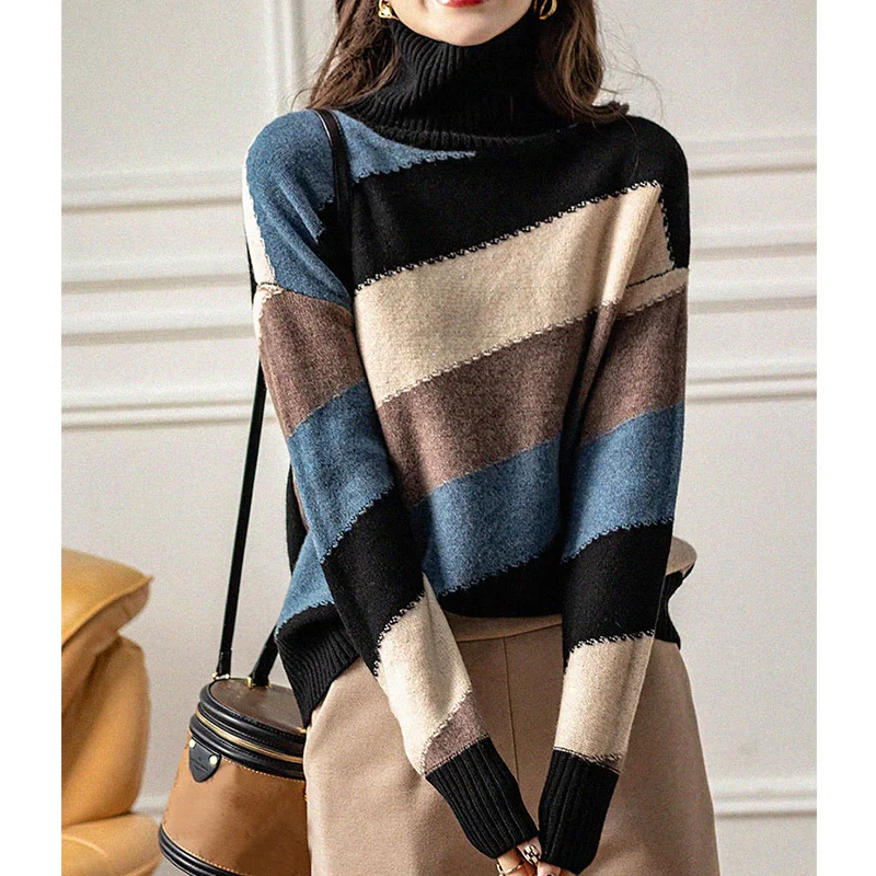 Thiened с высоким воротником в полоску, цветной вязаный шерстяной свитер Poem Art Lin, корейский Sle, прямая трубка, длинный све