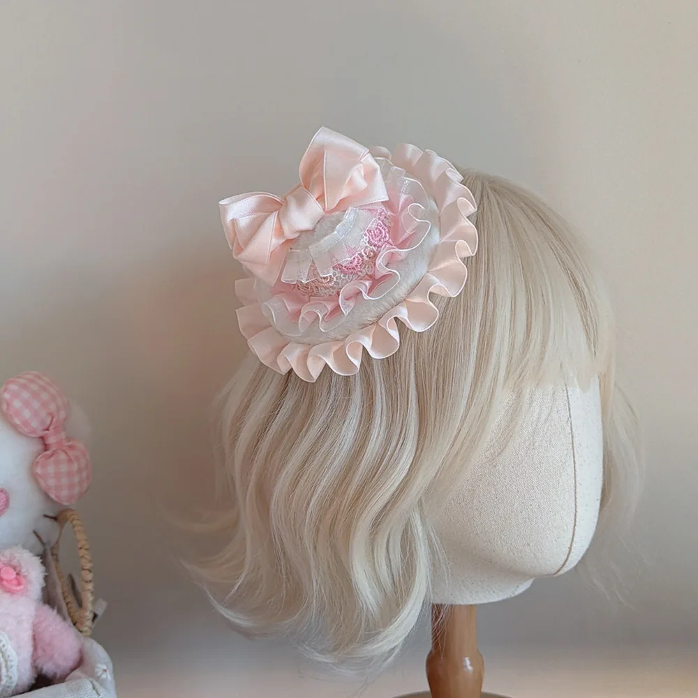 Handmade Lolita Pink Bow Top Hat Lace Lace Duckbill Clip Crown Pearl Hair Accessories Photo