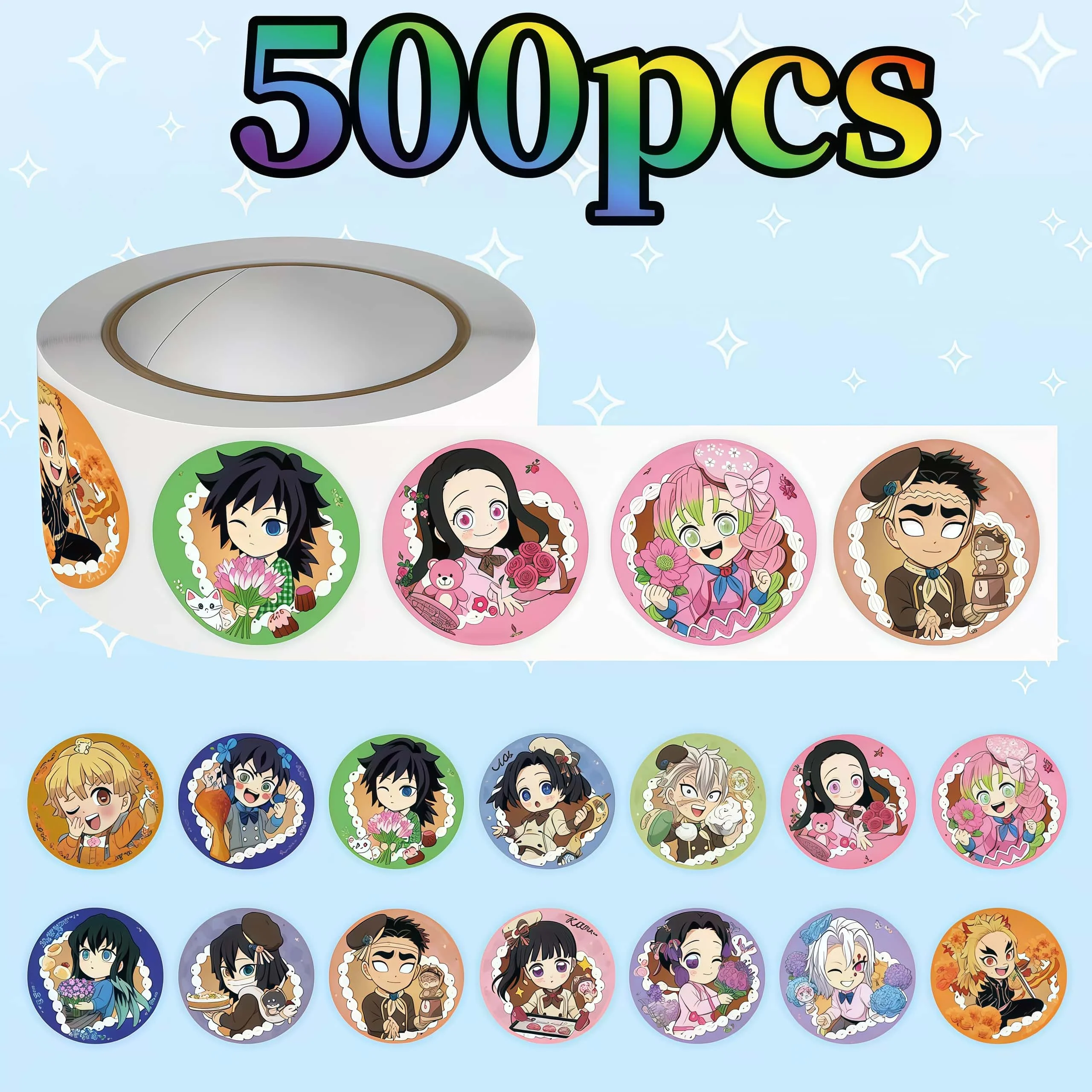 500Pcs Colorful Chibi Demon Slayer Round Sticker Roll, Cute Manga Character Labels for Packaging Journal Scrapbook DIY Decor