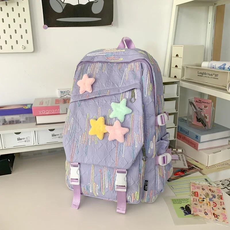 

Preppy Style Student Book Bag Girls Multifunctional Waterproof Backpacks Y2K Plush Star Pins School Bag Travel Nylon Rucksack