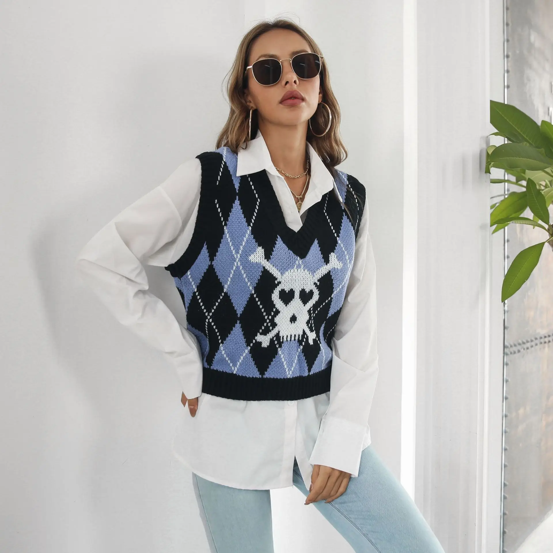 Y2K Halloween skull jacquard rhombic vest sweater vest women's autumn and winter European and American sweaters new