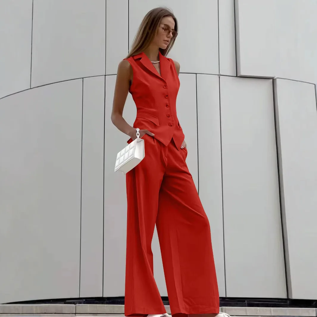 ผู้หญิงสีทึบLapelปุ่มเสื้อกั๊กชุดกางเกงลําลองสําหรับฤดูร้อน 2025