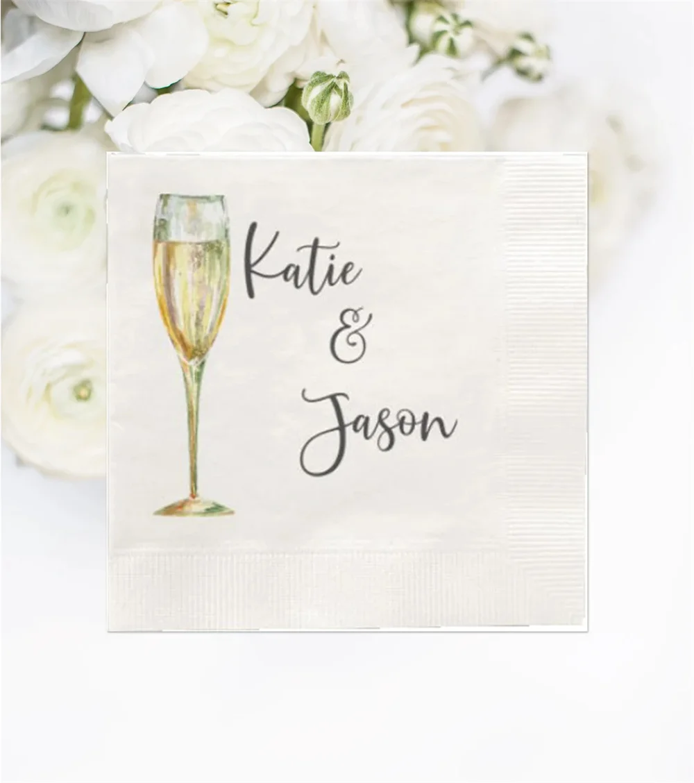 50PCS Personalized Napkins, 100 Personalized Cocktail Napkins, Champagne Glass, White Napkins, Engagement Party Napkins, Couples