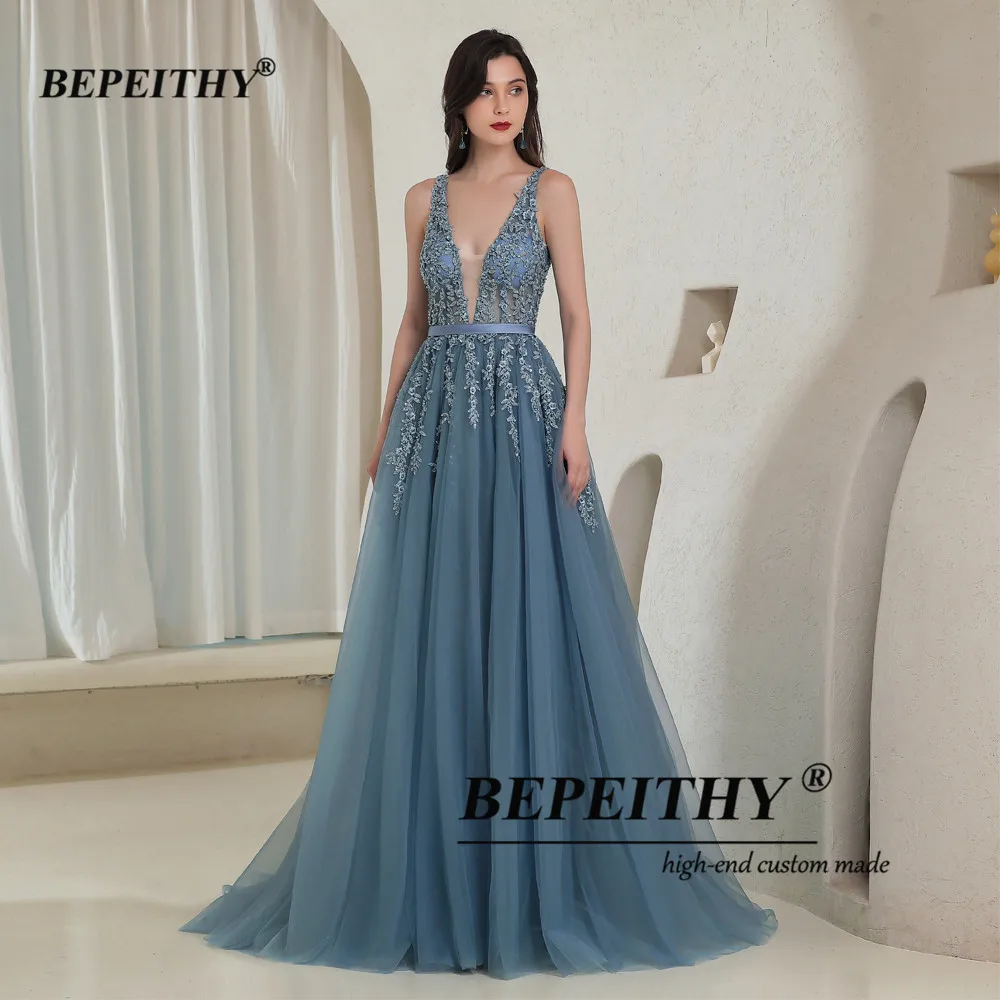 BEPEITHY Customized Elegant V Neck Gray Blue Long Evening Dresses 2022 Party Sexy Backless Prom Gown Sleeveless Robe De Soiree