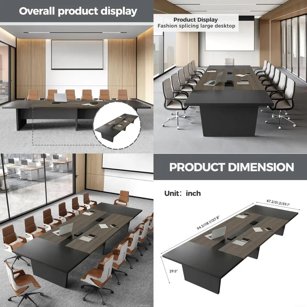 

12-Seat Oak Grey Conference Table with Built-in Power & USB Ports, Dual Grommets, 2 Thick Top