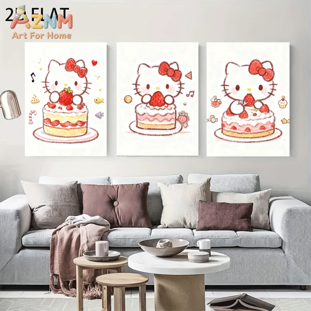 AZNM Hello Kitty Canvas Wall Art Unframed Cute Cartoon Print Poster Strawberry Cake Music Note Red Bow Sketch Design for Girls B