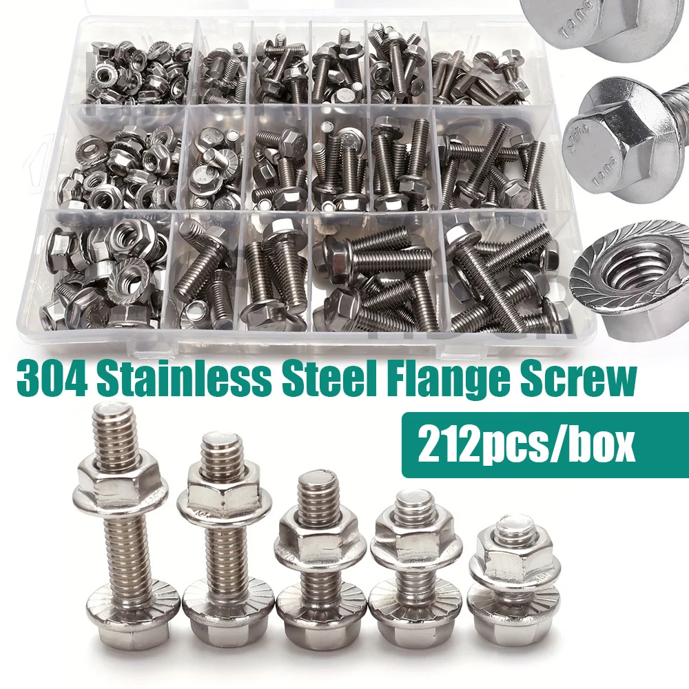212 pcs 304 Stainless Steel Hexagonal Flange Bolt and Nut Set, Sizes M5/M6/M8, Lengths: 10mm,12mm,16mm,20mm,25mm,30mm,35mm