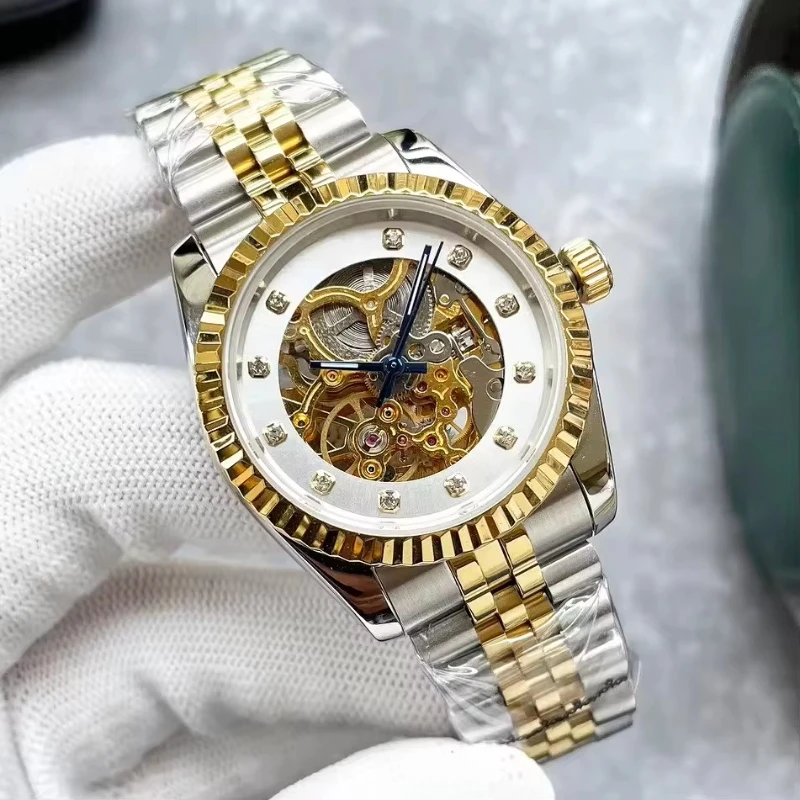 

hollowed out diamond stainless steel luxury fashionable timed large dial waterproof men's automatic mechanical watch