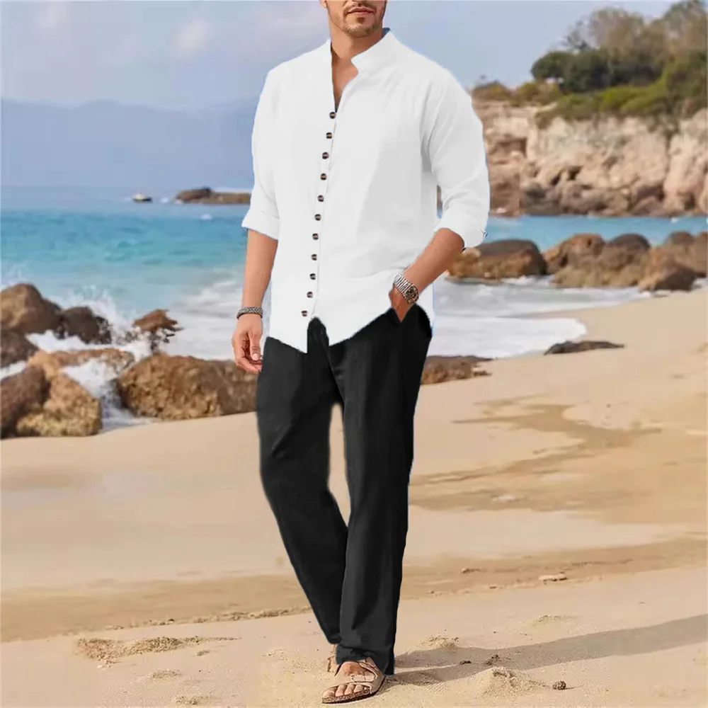 

Весенне-осенние мужские комплекты рубашек, повседневные однотонные однобортные хлопковые льняные рубашки в пляжном стиле, модные наряды