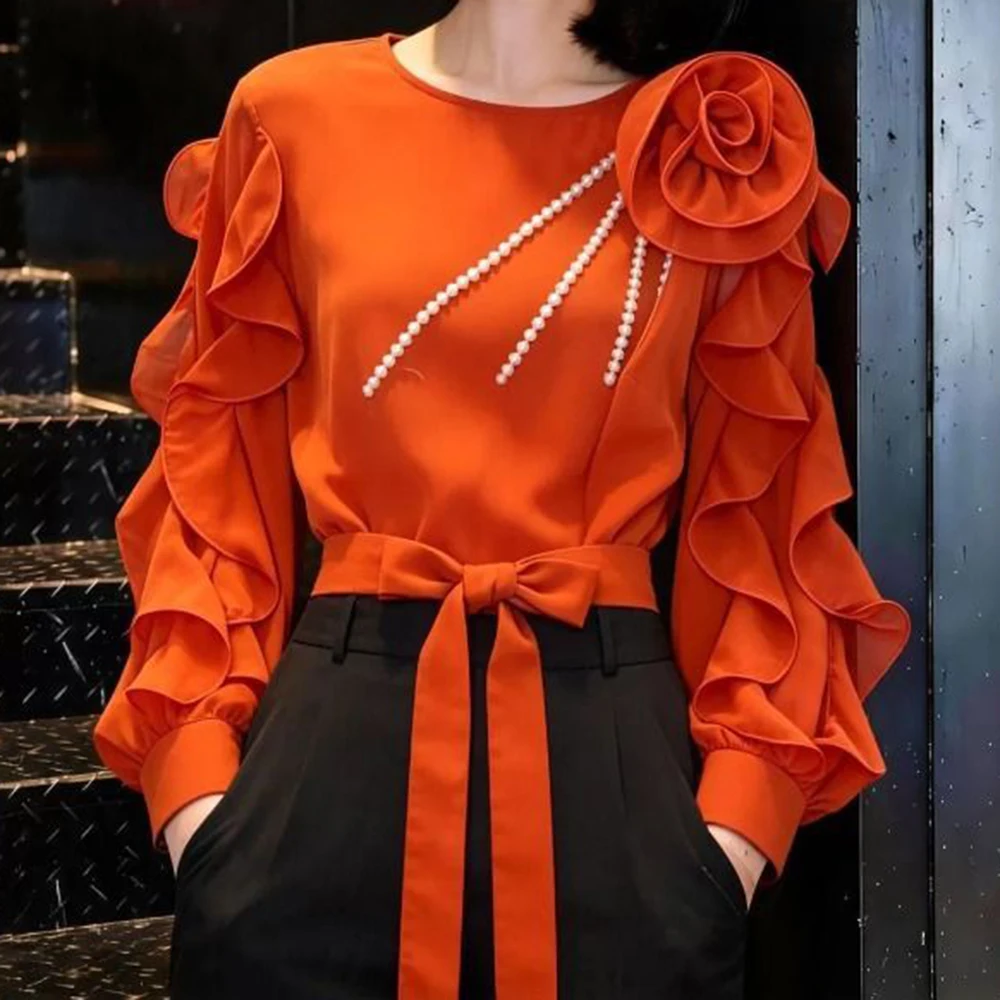 

French design three-dimensional rose flower lantern sleeve shirt women's 26 spring orange waist lace-up top temperament