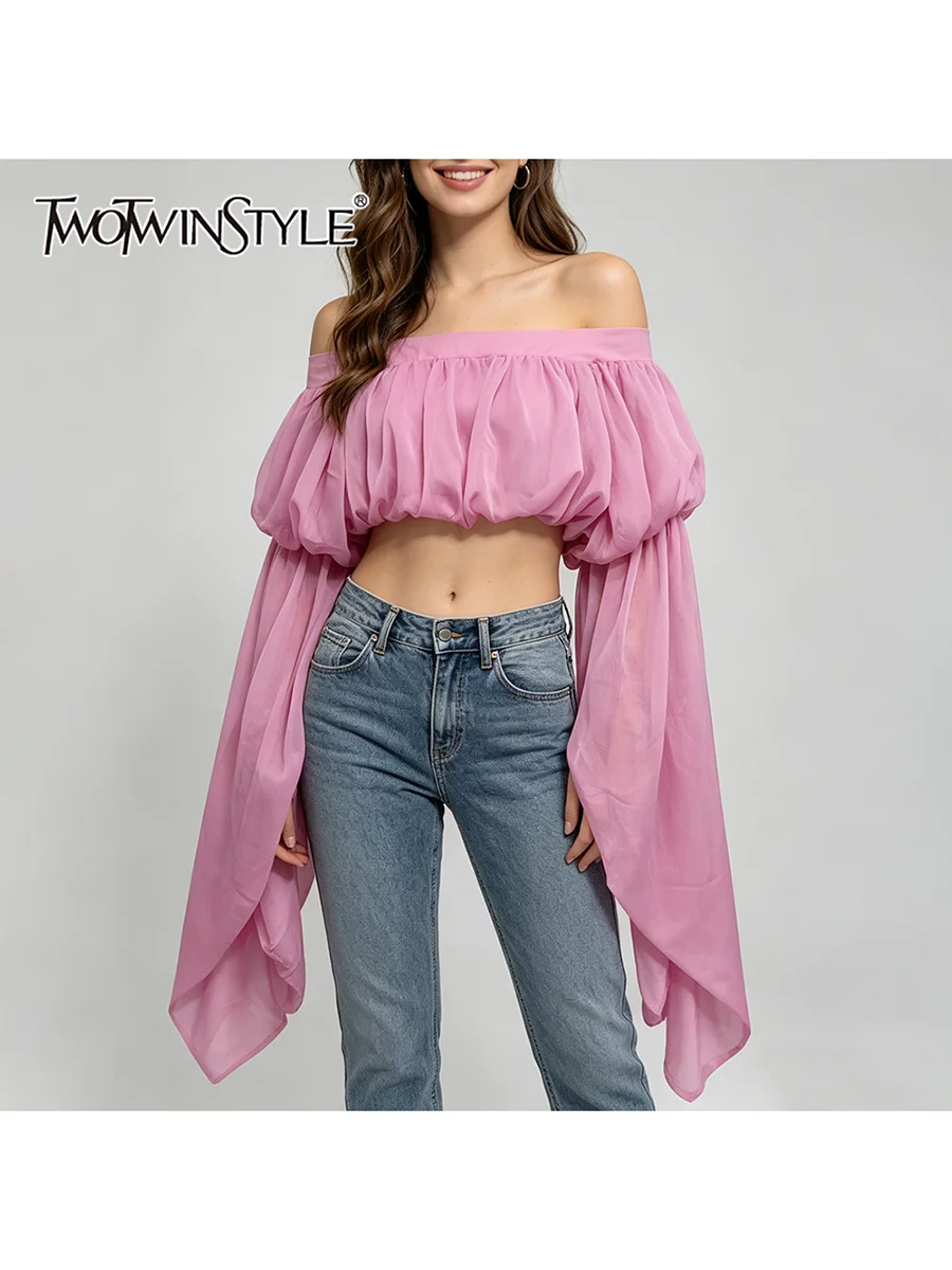 

TWOTWINSTYLE Solid Loose Shirts for Women Square Collar Long Sleeve High Waist Sweet Short Blouse Female Fashion Clothing 2026