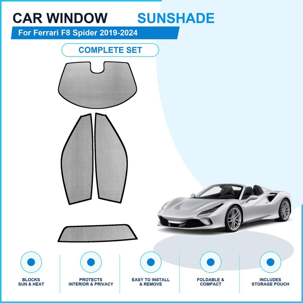 For Ferrari F8 Spider 2019-2024 Custom Full Set Window Sunshades Aluminum Foil Suction Cup Anti UV Privacy