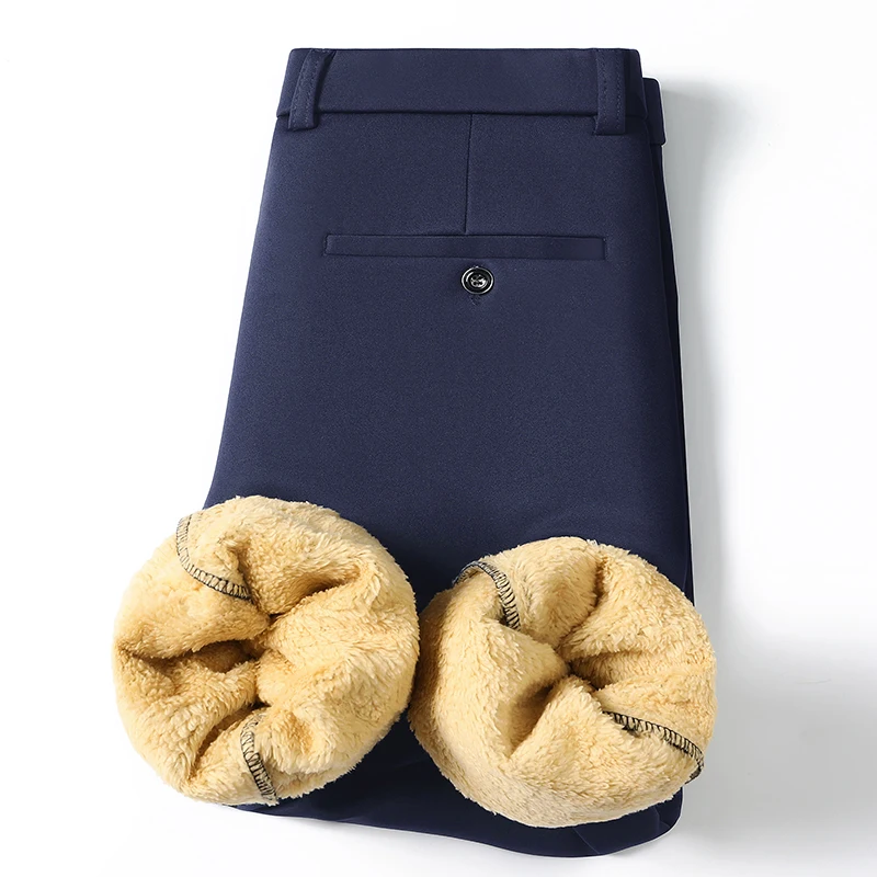Herren Einfarbige Gerade Lange Winter-Anzughose Vollständig Lammfell-Futter Knitterfrei Thermisch Superwarm Kalte Jahreszeit Büro Formelle Hose – Detail 6