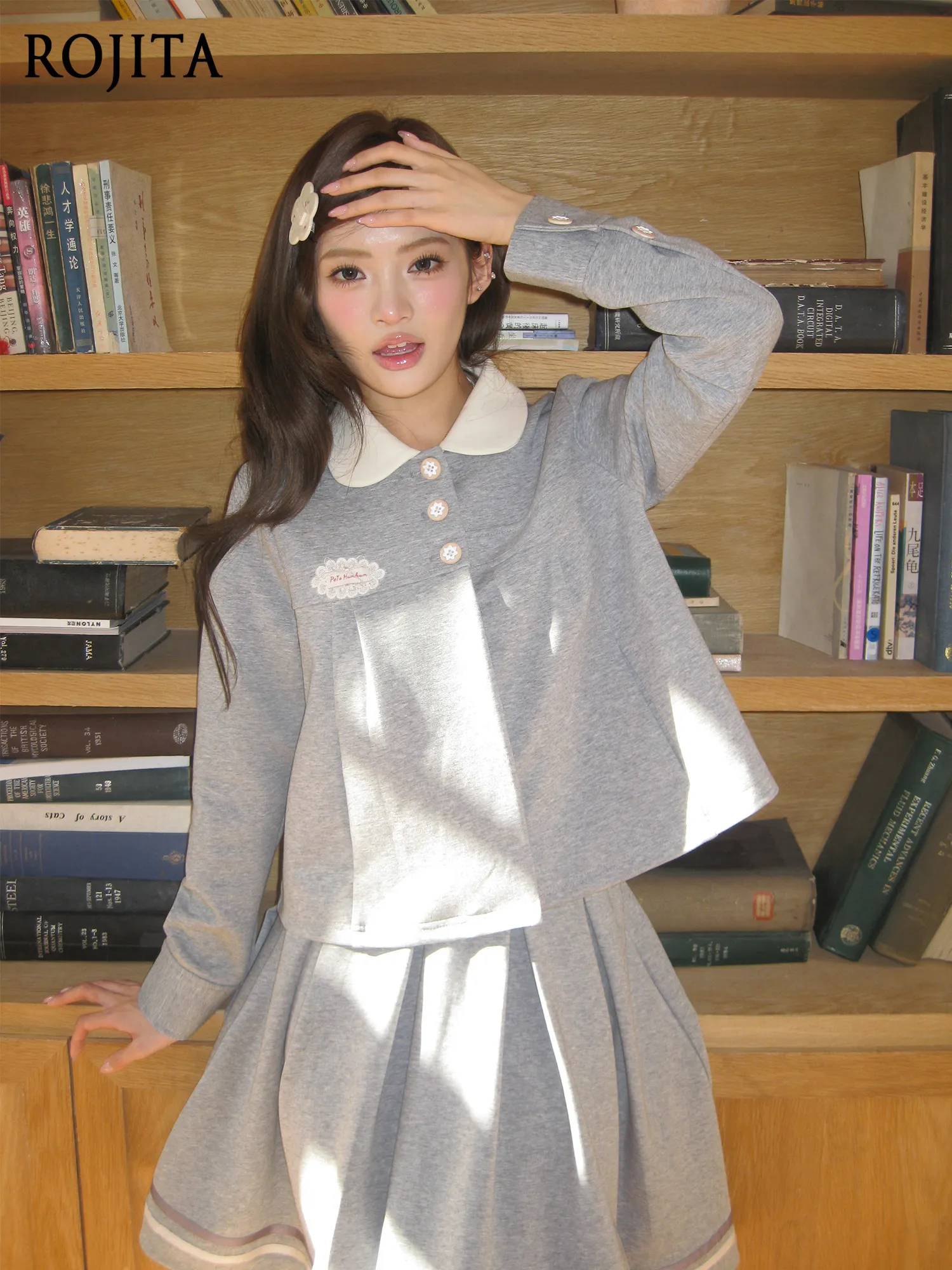 

Sweet and Stylish College Suit Short Puffy Skirt Two-piece Women's Spring Light Grey Vintage Doll Collar Girls Spring Jacket