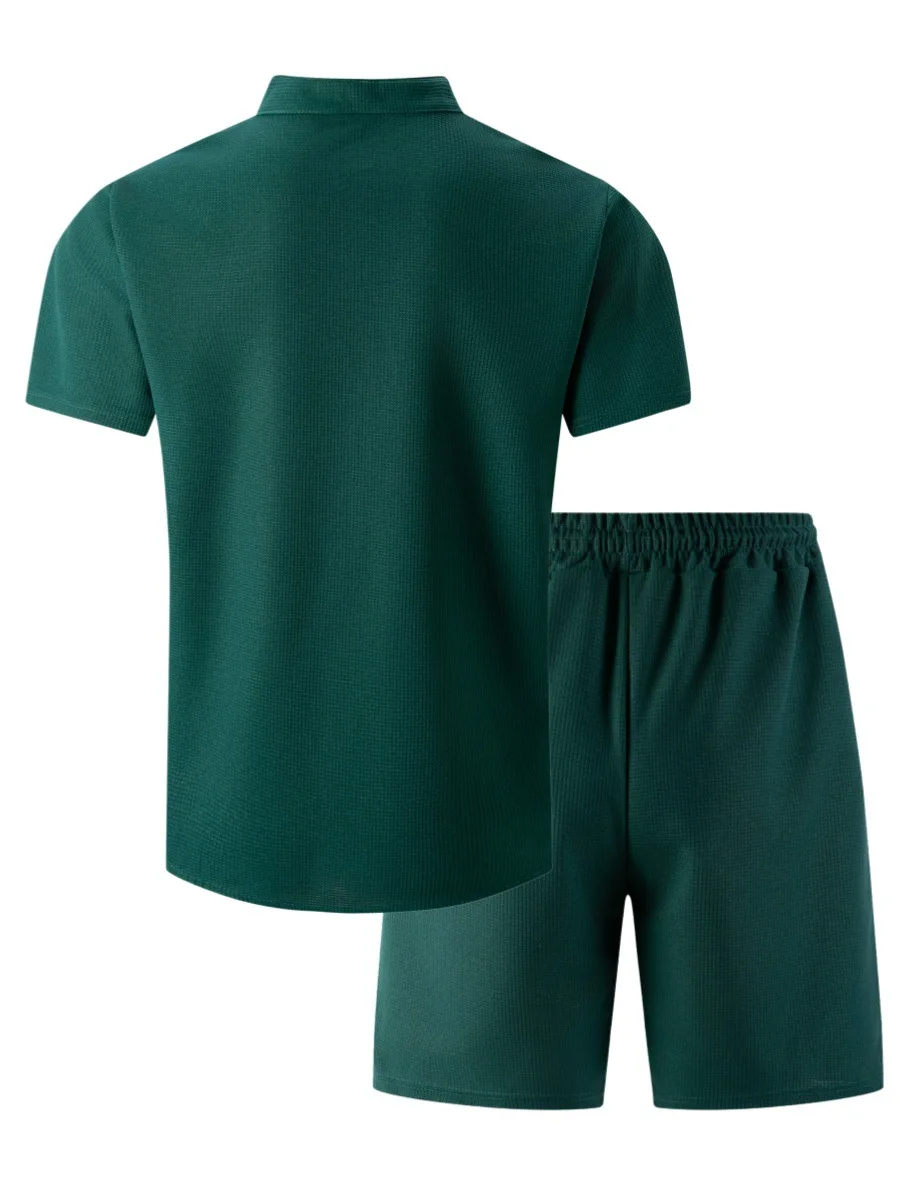 Men's new summer style waffle plain-color crew-neck t-shirt with pocket short-sleeved set with beach shorts men's casual suit