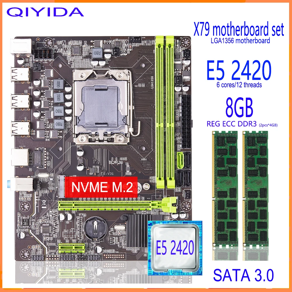 Qiyida X79 motherboard set LGA 1356 E5 2420 cpu 2pcs x 4GB = 8GB 1333MHz 10600R DDR3 ECC REG memory