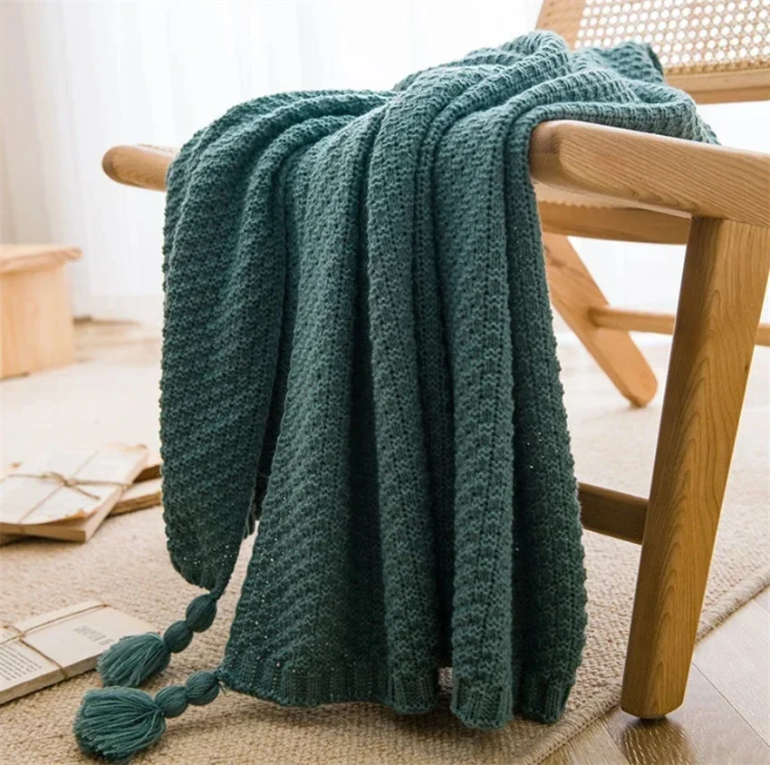 Knitted Throw Blanket with Tassel Plain Color Waffle Embossed Blanket Nordic Blankets for Bed Sofa Couch Chunky Knit Bedspread