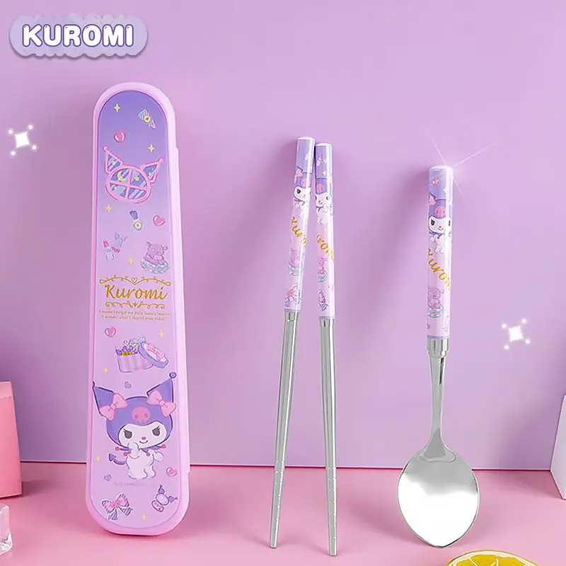 

Kawaii Kuromi Children's Chopsticks Spoon Set Cartoon Sanrio Hello Kitty Student Stainless Steel Portable Tableware Storage Box