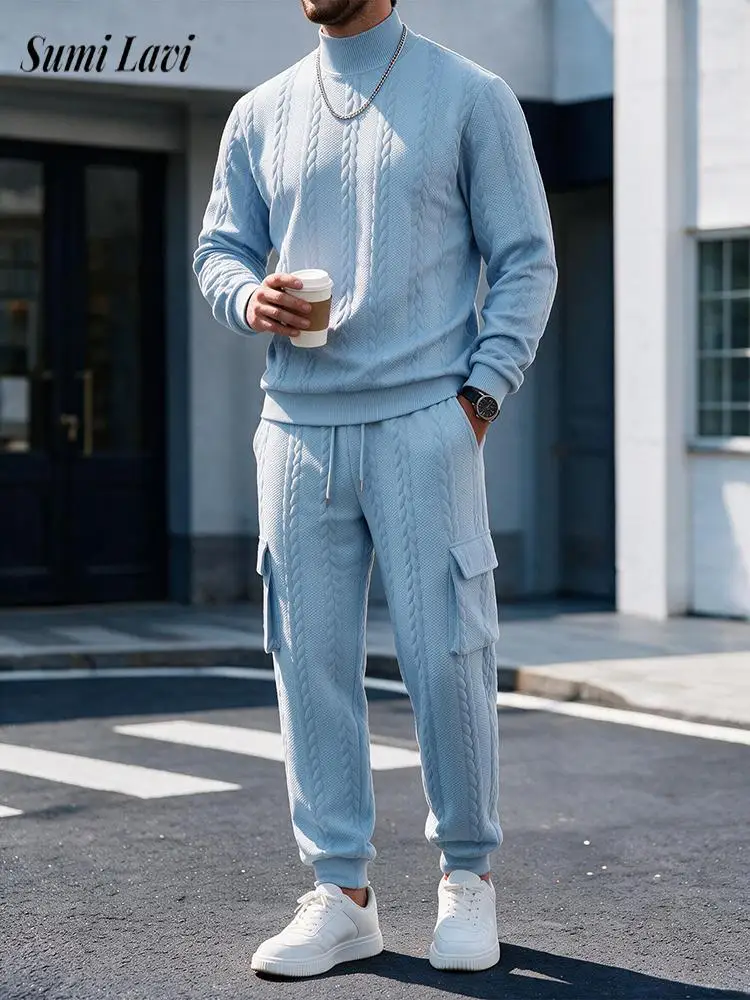 ensemble-vintage-uni-pour-homme-tendance-col-montant-texture-deux-pieces-tenue-decontractee-d'automne-manches-longues-et-pantalon