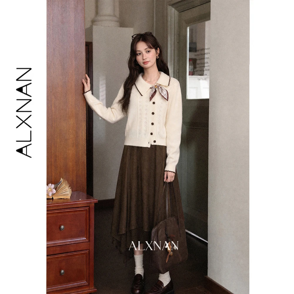 ALXNAN Maillard Brown Plaid Skirt for Women Fall Irregular Berkley A-line Skirt 2026 Fashion High Waist Female Clothing L680153A