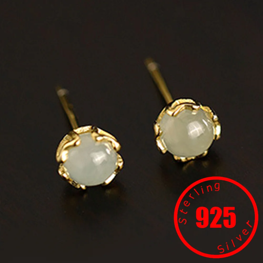 Small and Exquisite Gold Color Green Jade Round Earrings for Female Girl Everyday Wear Gift Jewelry