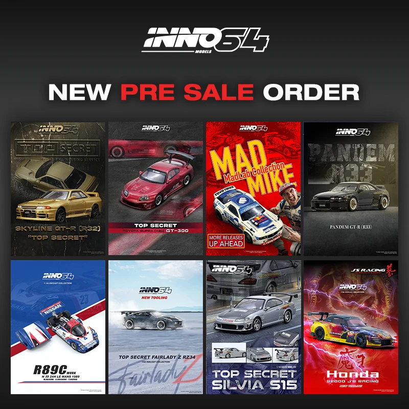 

Предпродажа INNO 1:64 Top Secret GTR R33 R34 R35 R50 KPGC10 Supra RX7 MR2 R89C Литая под давлением диорама Коллекция моделей автомобилей Игрушка