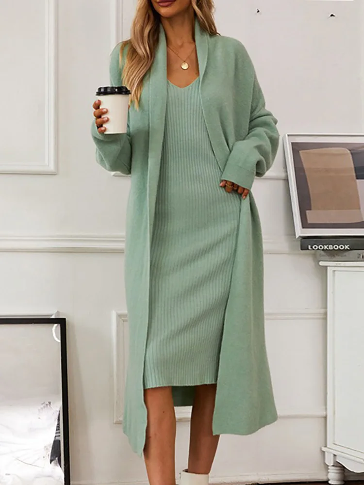 Deioao Elegant Lady Solid Knitted Dress Set Women Slim Dress And Coat Two Piece Suit Female Loose Cardigan V Neck Dress Outfits